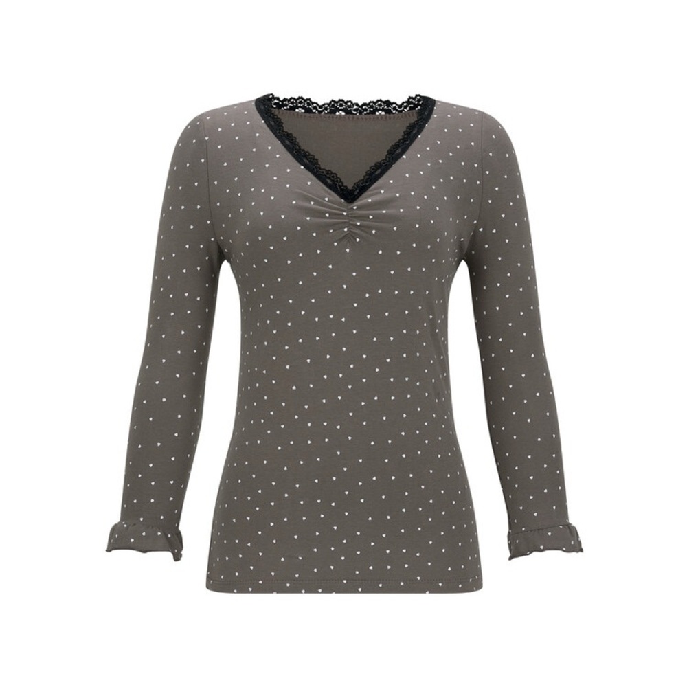 charcoal mini heart polka dot lace trim top with ruched bust and 3/4 sleeves